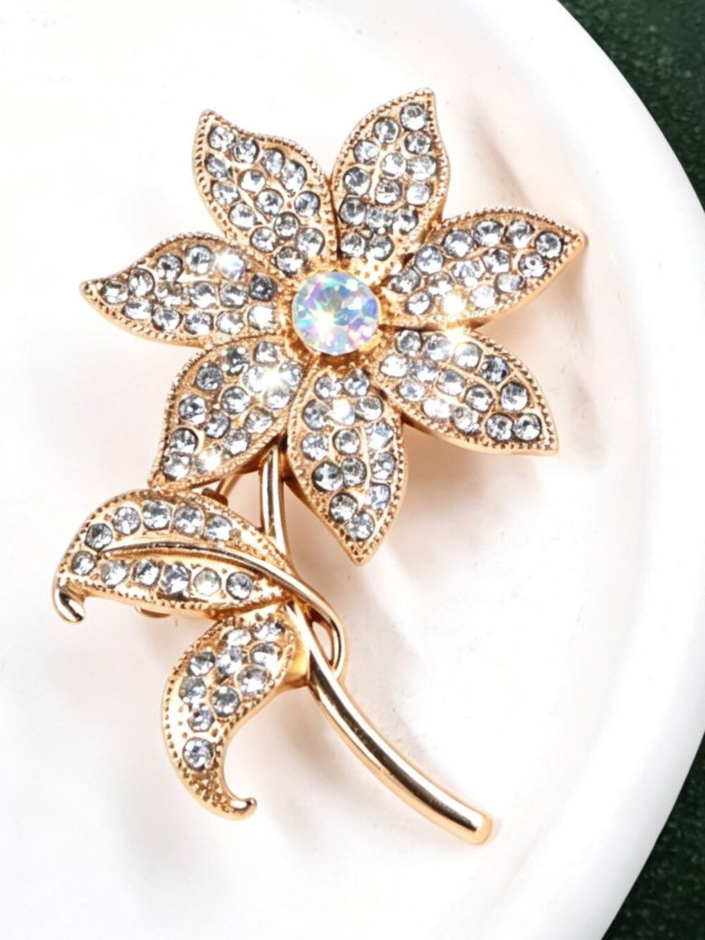 Gold Crystal Flower Leaf Brooch